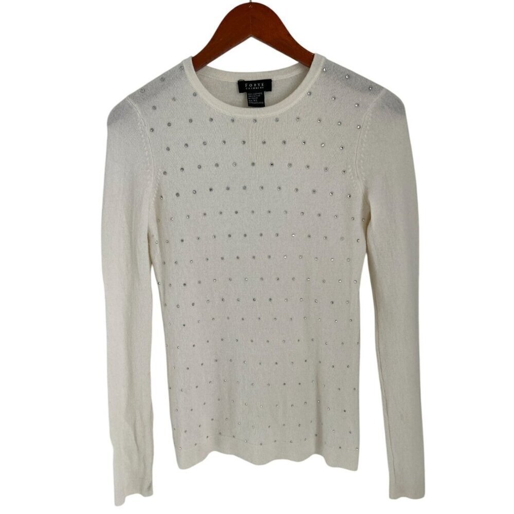 Forte Cashmere White Sweater XS Crystal Embellished 100% Cashmere Long Sleeve Cr